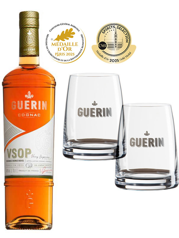 Coffret cognac VSOP Guerin 4 ans d'age + 2 verres cognac